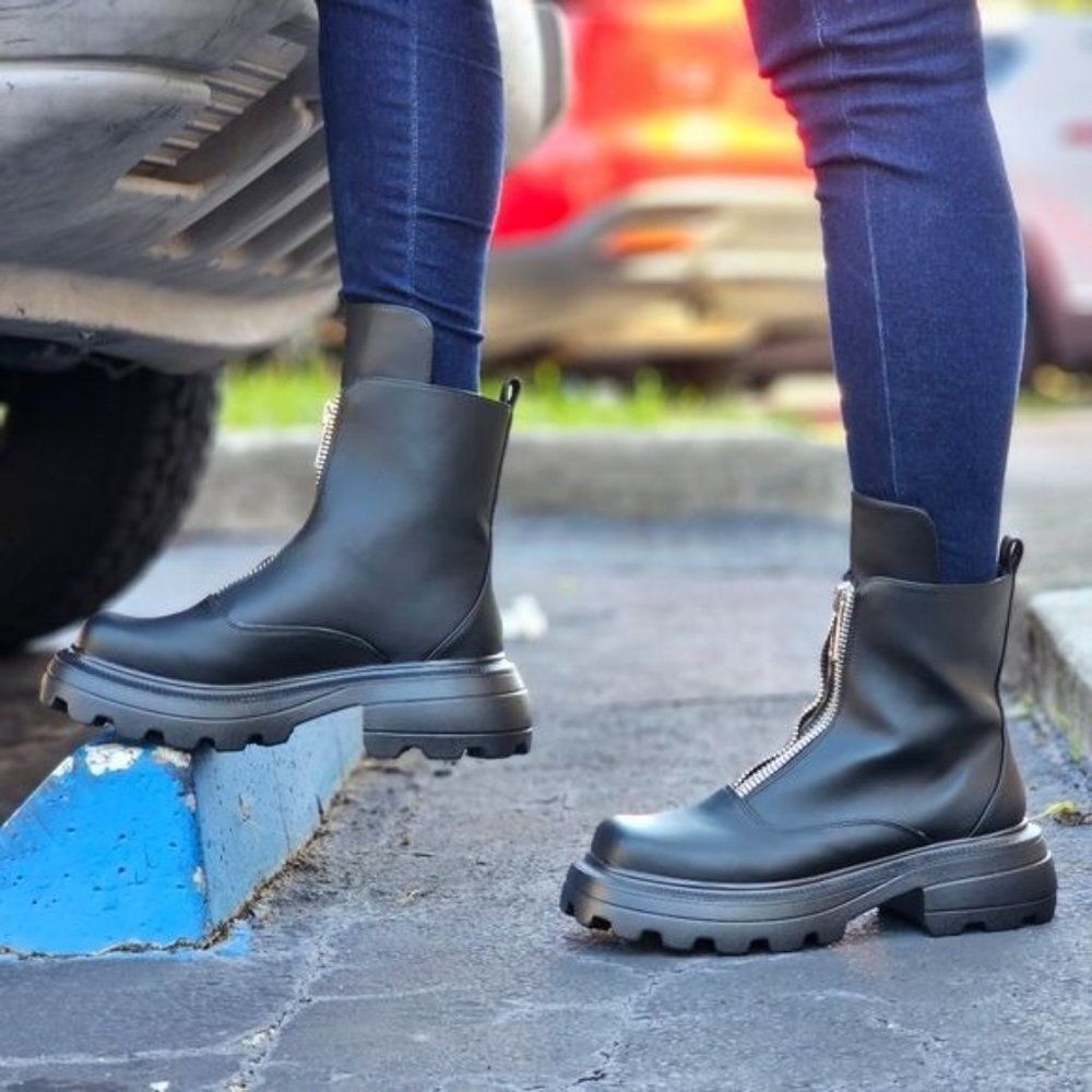 Womens Platform Combat Ankle Boots Black Color - Picture 4 of 6